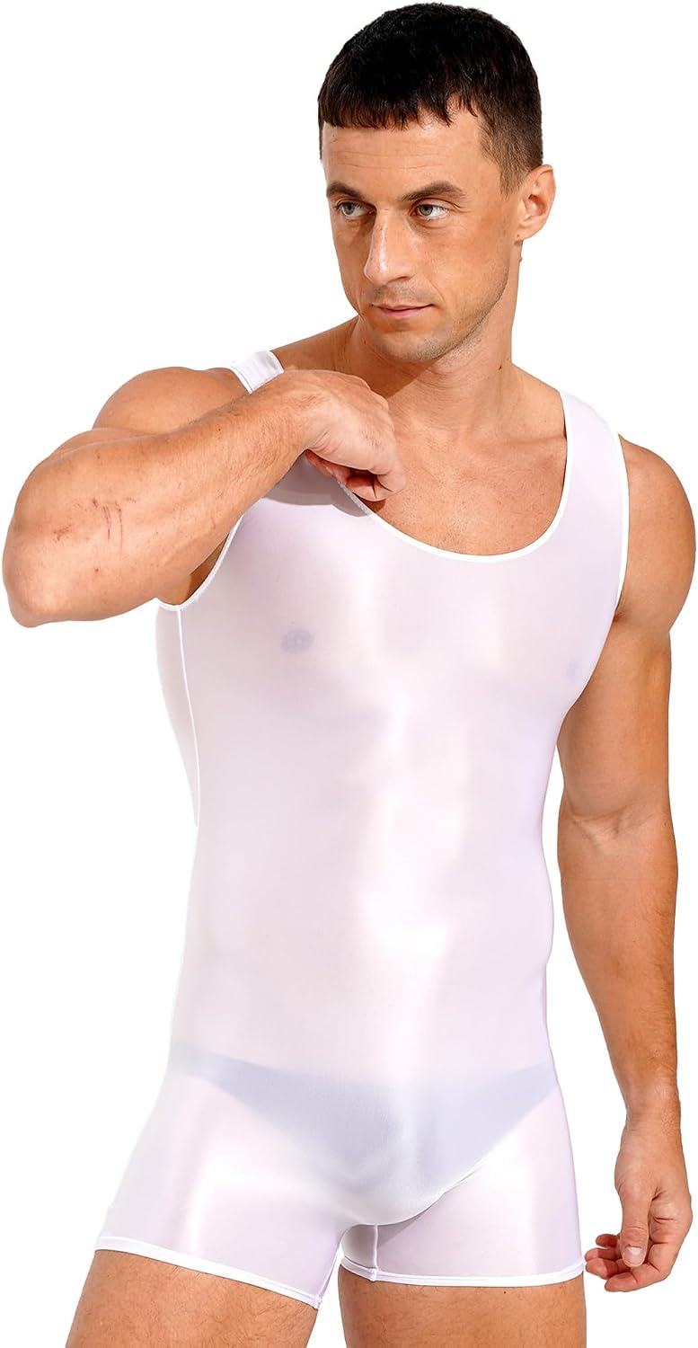 Men's Shiny Glossy Athletic Supporters One Piece Bodysuit Slim Fit Active Singlet Leotard