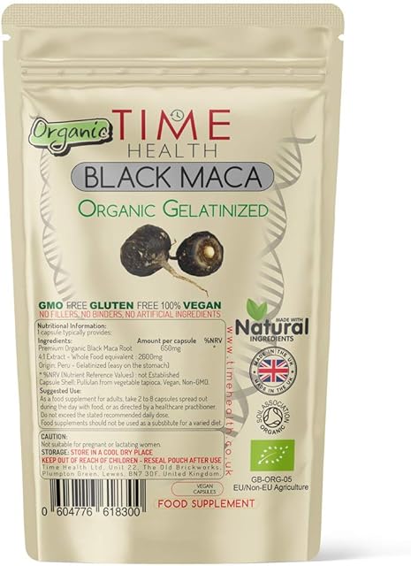 Gelatinized Black Maca Root - 2600mg Wholefood Equivalent - Peruvian - Soil Association Certified Organic - Vegan - GMP Standards - No Fillers, Binders or Flow Agents - Pullulan (120 Capsules)