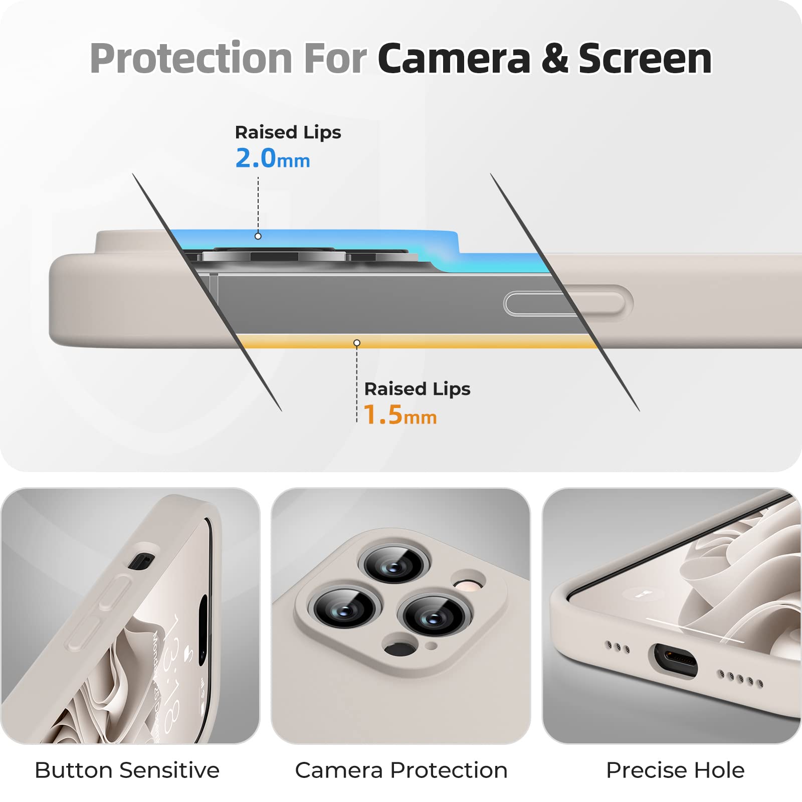 GOODVISH 3 in 1 Cover per iPhone 14 Pro Silicone 6,1" (2022), con 2x Pellicola Protettiva, iPhone 14 Pro Custodia per Cellulare Antiurto Resistente Protezione Fotocamera, Grigio Roccia