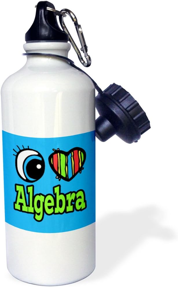 3dRose "Bright Eye Heart I Love Algebra" Sports Water Bottle, 21 oz, White