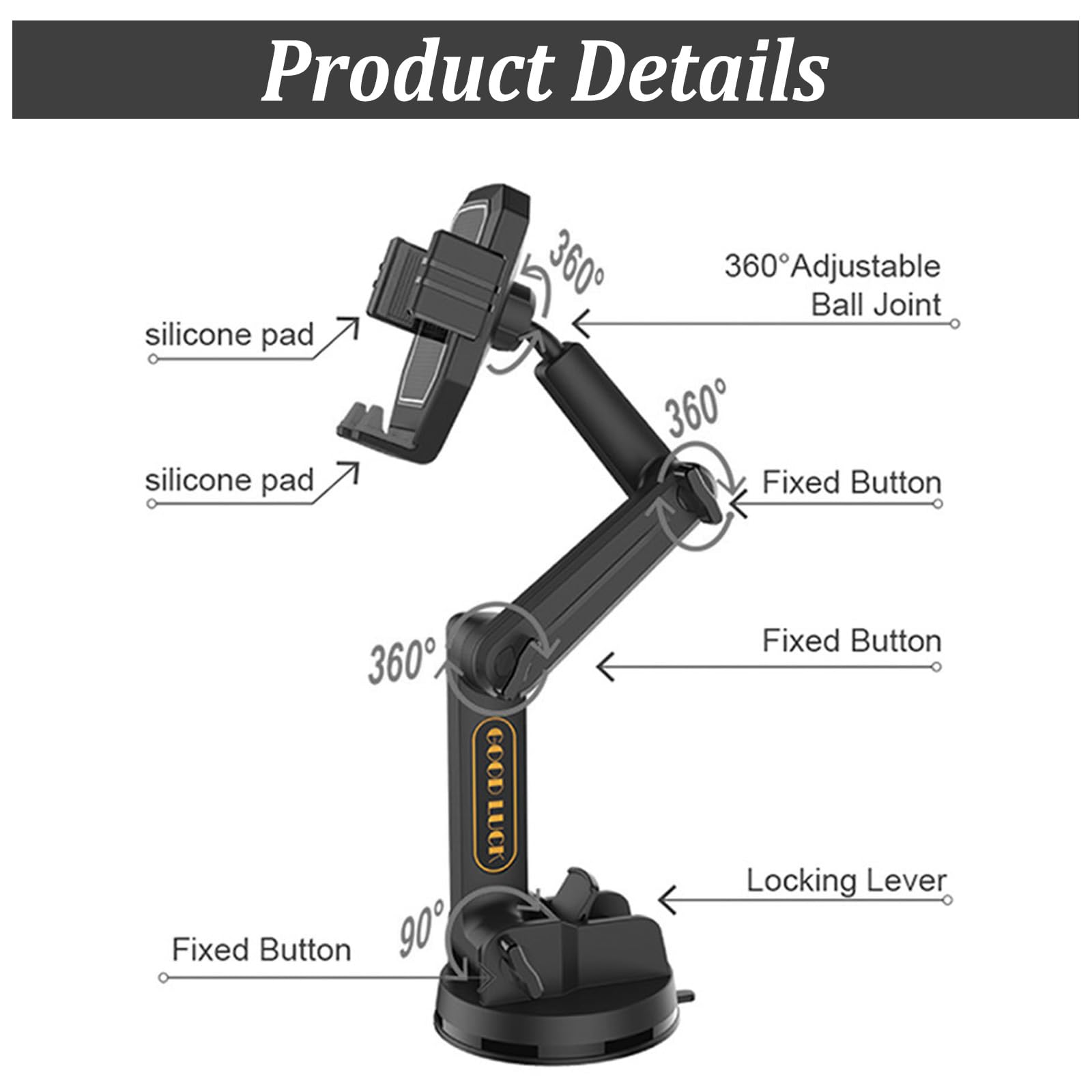 Supporto per Telefono per Camion, Supporto per Telefono Cellulare per Cruscotto del Camion con Braccio Lungo da 16,9 Pollici, 360° di Rotazione Porta Cellulare Auto per Camion per Smartphone