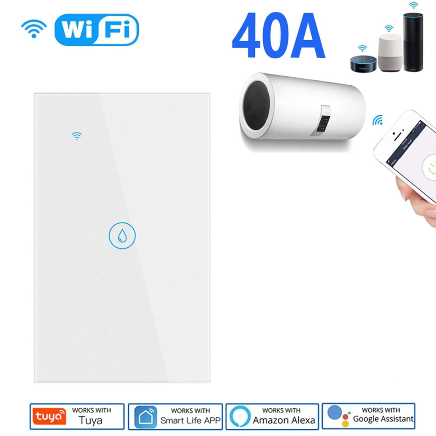 WiFi Smart Water Heater Switch, 40A, Touch Panel with Timing Function, Works with Tuya, Alexa, Google Assistant
