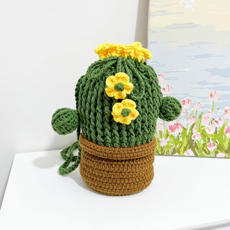 Handmade Crochet Cactus Crossbody Bucket Bag, Hobo Bag for Women Aesthetic Y2k Purse for Girls Birthday Unique Gift