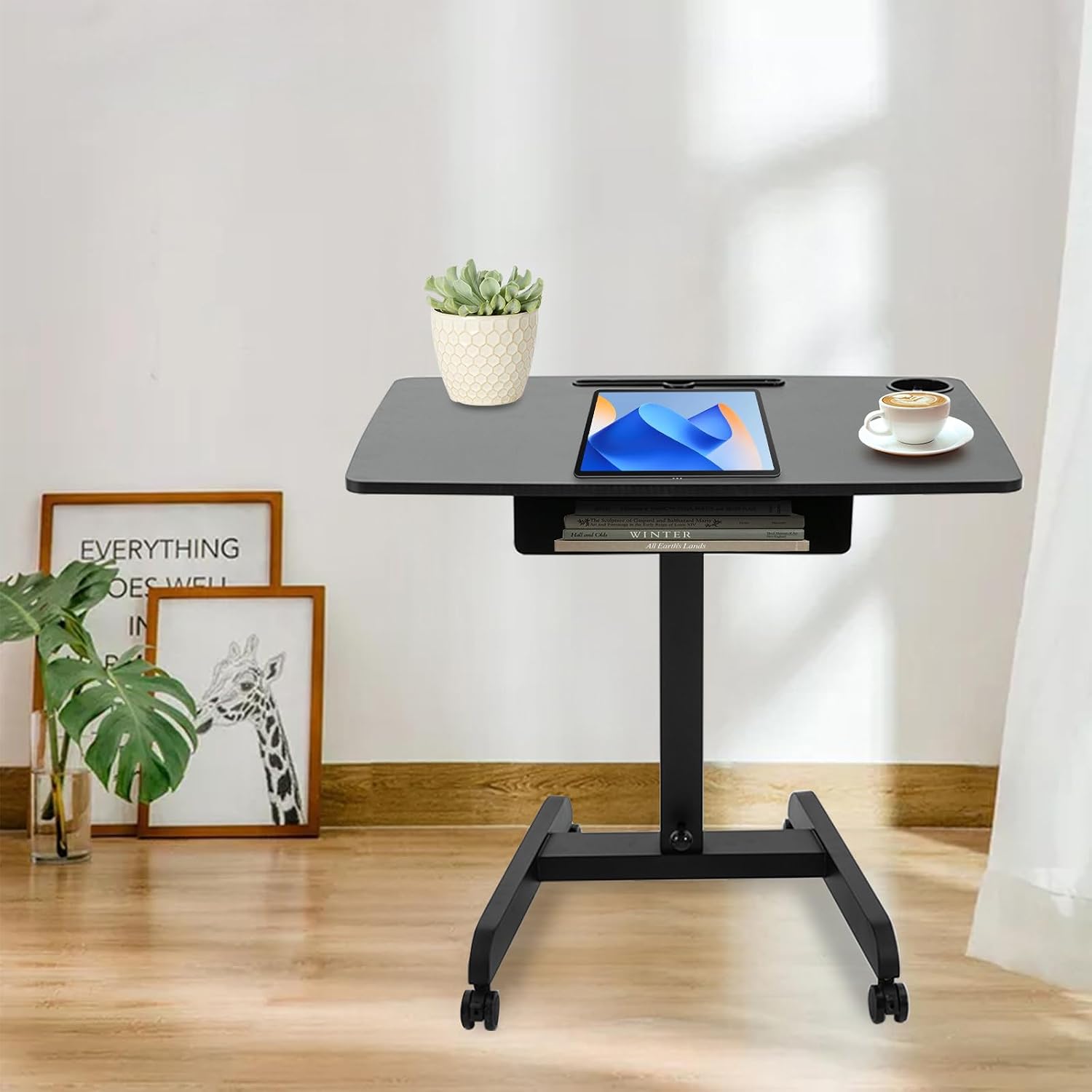 Height Adjustable Foot Pedal Rolling Desk, Mobile Standing Desk, Adjustable Rolling Desk, Black Standing Desk 22" D x 31.5" W x 44.25" H, Portable Computer Desk with Wheels for Home Office