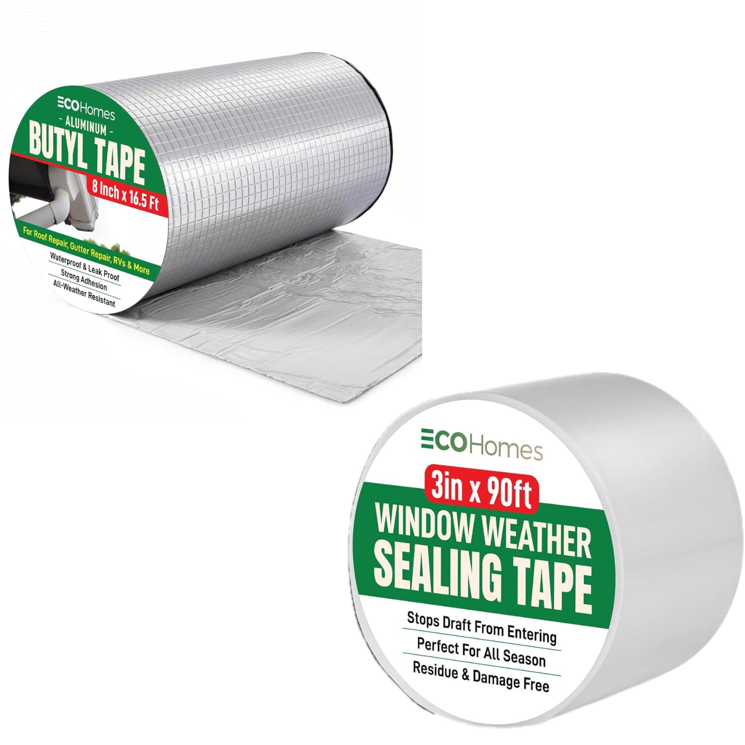 ECOHomes Bundle - 8 Inch By 16.5 FT Aluminum Butyl Tape + 3 Inch By 90 FT Window Sealing Tape