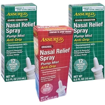 Amazon Com Assured Nasal Relief Spray Oxymetazoline Hcl 1 Original Plus 2 Severe Congestion 12 Hours 3 Pack Fast Acting Anti Drip Bundle Pack Health Personal Care