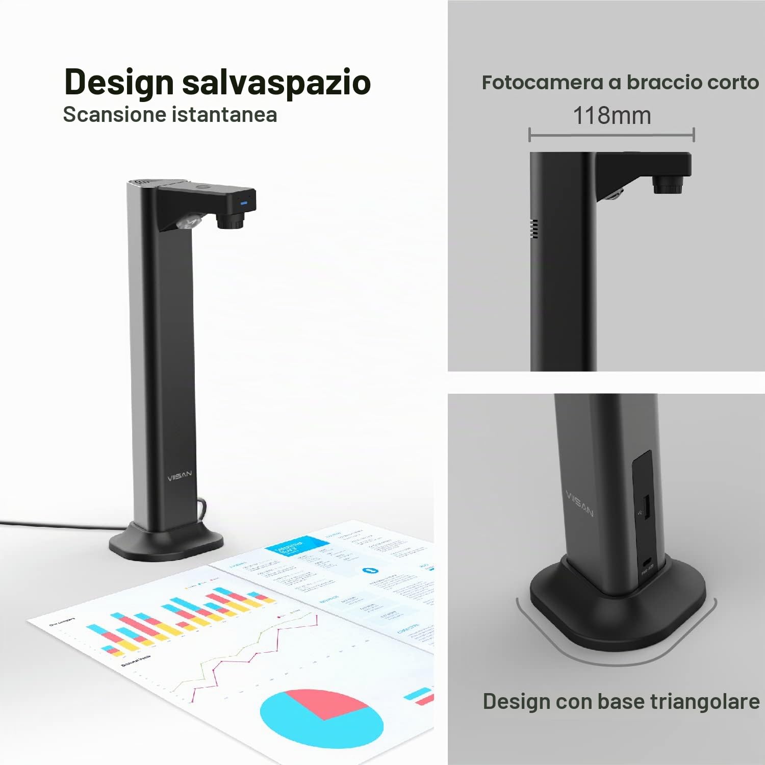 Viisan DL8 Scanner per documenti e libri digitalizza A3 in un attimo, leviga la curvatura delle pagine doppie del libro. 13MP. Modifica delle immagini e software OCR. Windows & Mac