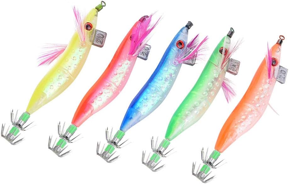 5PCs Artificial Simulation Luminous Fish Squid Jigs Hard Fishing Lures Shrimp Baits Hook Banana Wood Shrimp Lure Fishing Bait Set Plastic Hard Bait