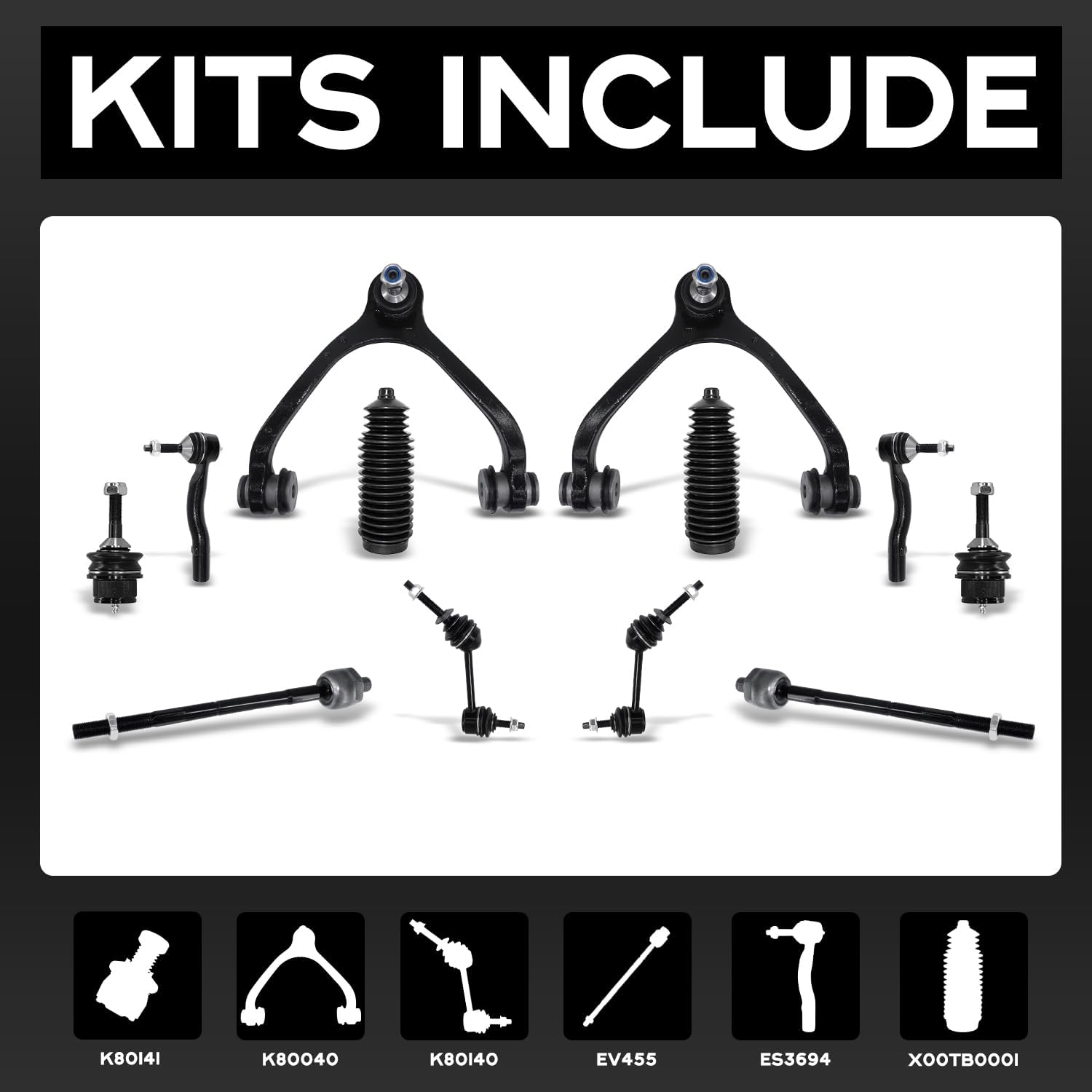 POWERGEAR Suspension Steering Kit Front Upper L&R Control Arms w/Ball Joints Sway Bar Links Outer/Inner Tie Rod Boot Compatible with 2003-2011 Ford Crown Victoria Mercury Grand Marquis K80038 12PCS