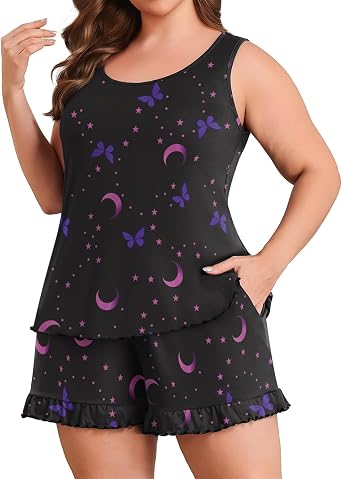 Lastshe Women Plus Size Pajama Set 2 piece Pjs Sleeveless Tank Tops Ruffled Shorts Print Super Soft Lounge Set Loungewear