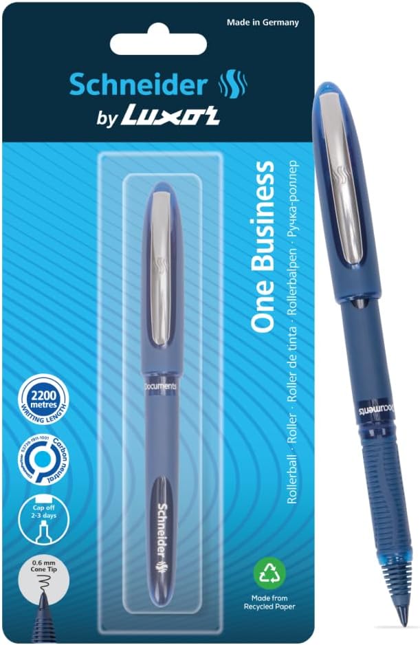 Schneider, One Business Roller Ball Pen - Blue, 0.6 mm, 2200 mtrs writing length, Waterproof Ink, Consistent ink flow, Ideal for Professionals & Office essential