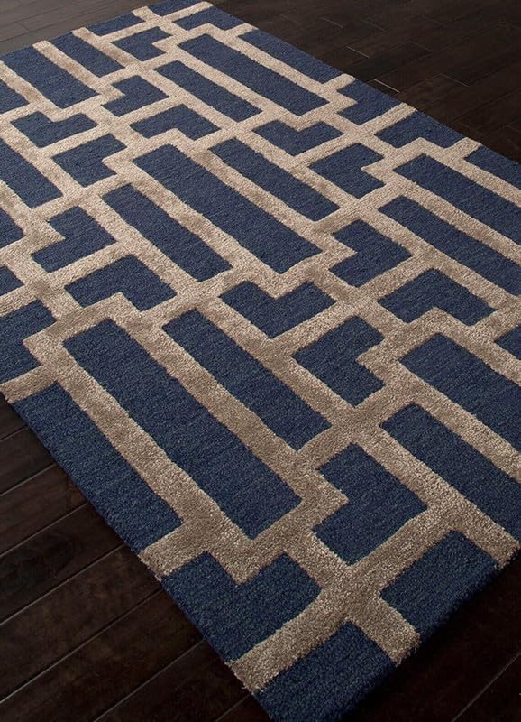 Geometric Blue & Beige Area Rug 9x12 ft | Hand Tufted Modern Pattern Carpet for Living Room Bedroom