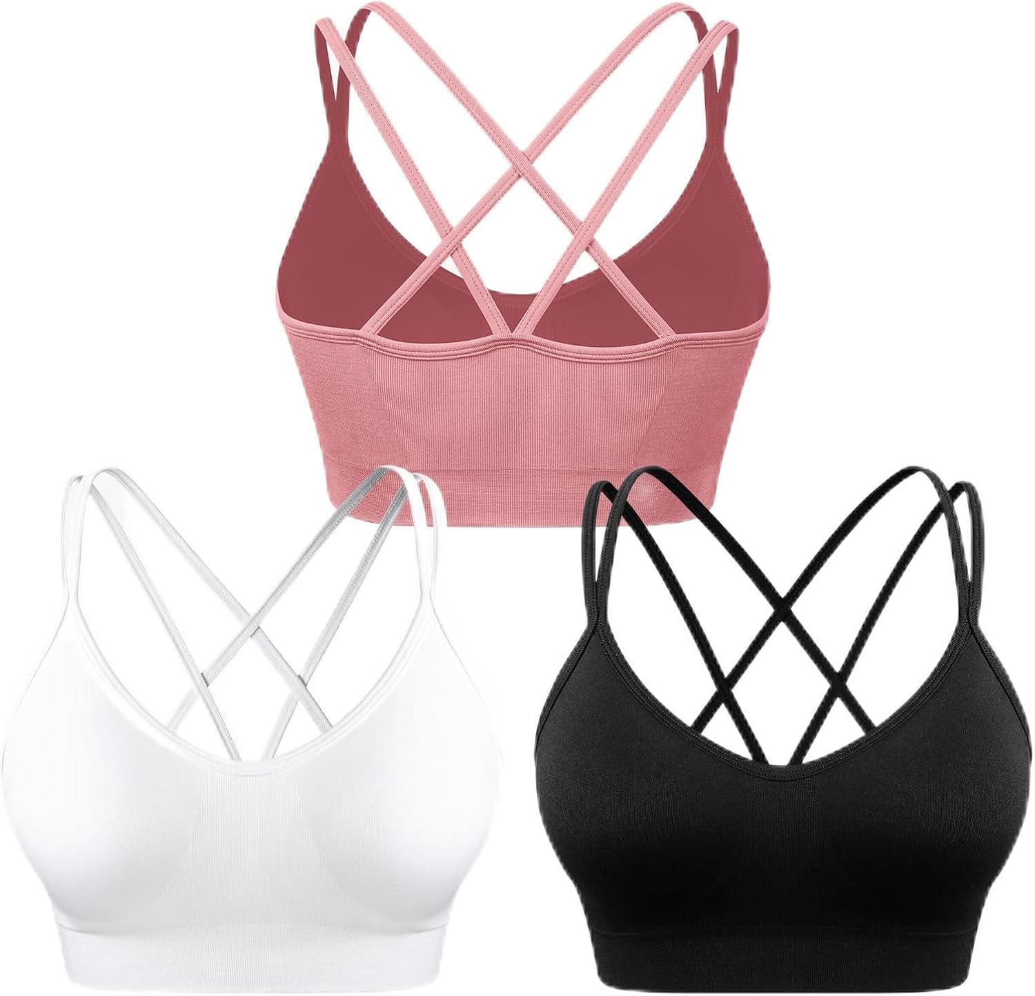 WANAYOU Sports Bras for Women, Strappy Cross Back Medium Support Sports Bra Padded Workout Bra for Athletic Exercise 3 Pack