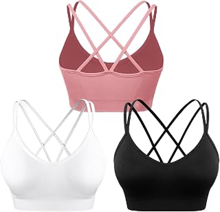 Strappy Cross Back Sports Bras for Women Padded Wireless 3 Pack