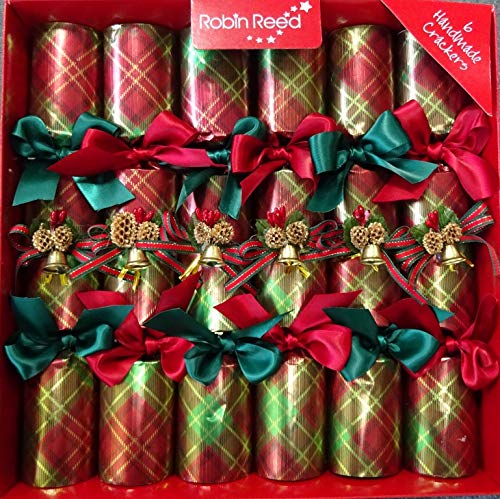 Robin Reed 6 x 12 inch Luxury Handmade Christmas Crackers Christmas Plaid with pine cone trims and Luxury Mayfair gifts