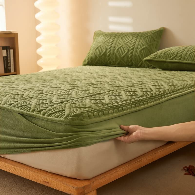 Juego de sábanas bajeras de bolsillo extraprofundo, sábanas de franela doble con elástico de microfibra aterciopelada, ropa de cama de 3 piezas tamaño Queen con 2 fundas de almohada, color verde