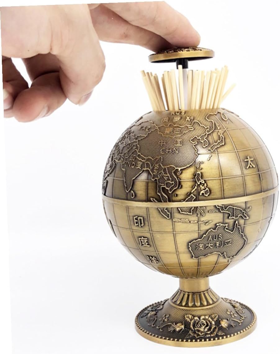 VICASKY Sphere Earth Pattern Press-type Toothpick Holder Copper Toothpick Dispenser 360° Rotating for Household Kitchen and Dining Table Use