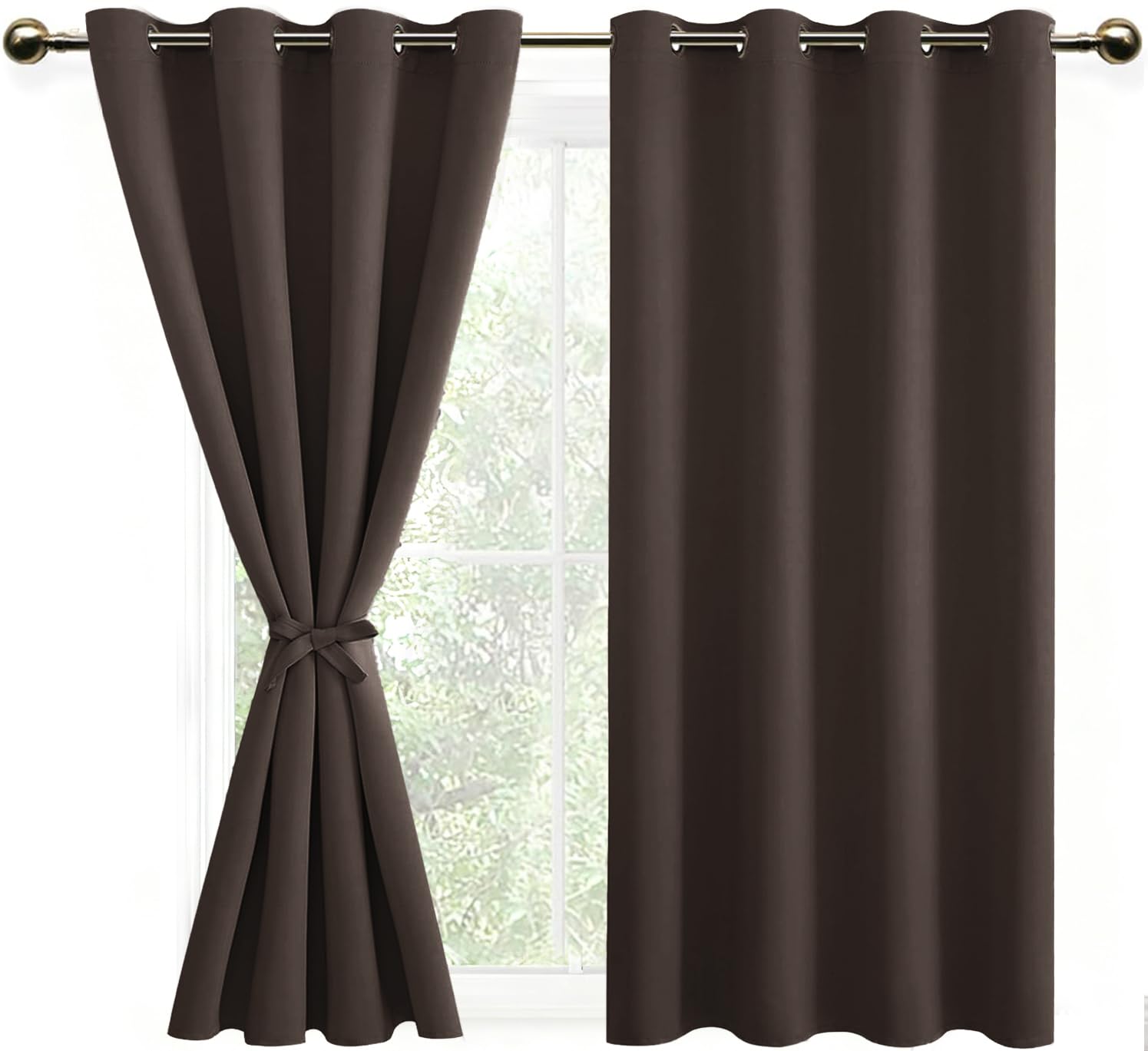 DWCN Blackout Bedroom Curtains with Tiebacks Thermal Insulated Solid Eyelet Curtains for Living Room,2 Panels,52" Wide x 54" Drop, Brown