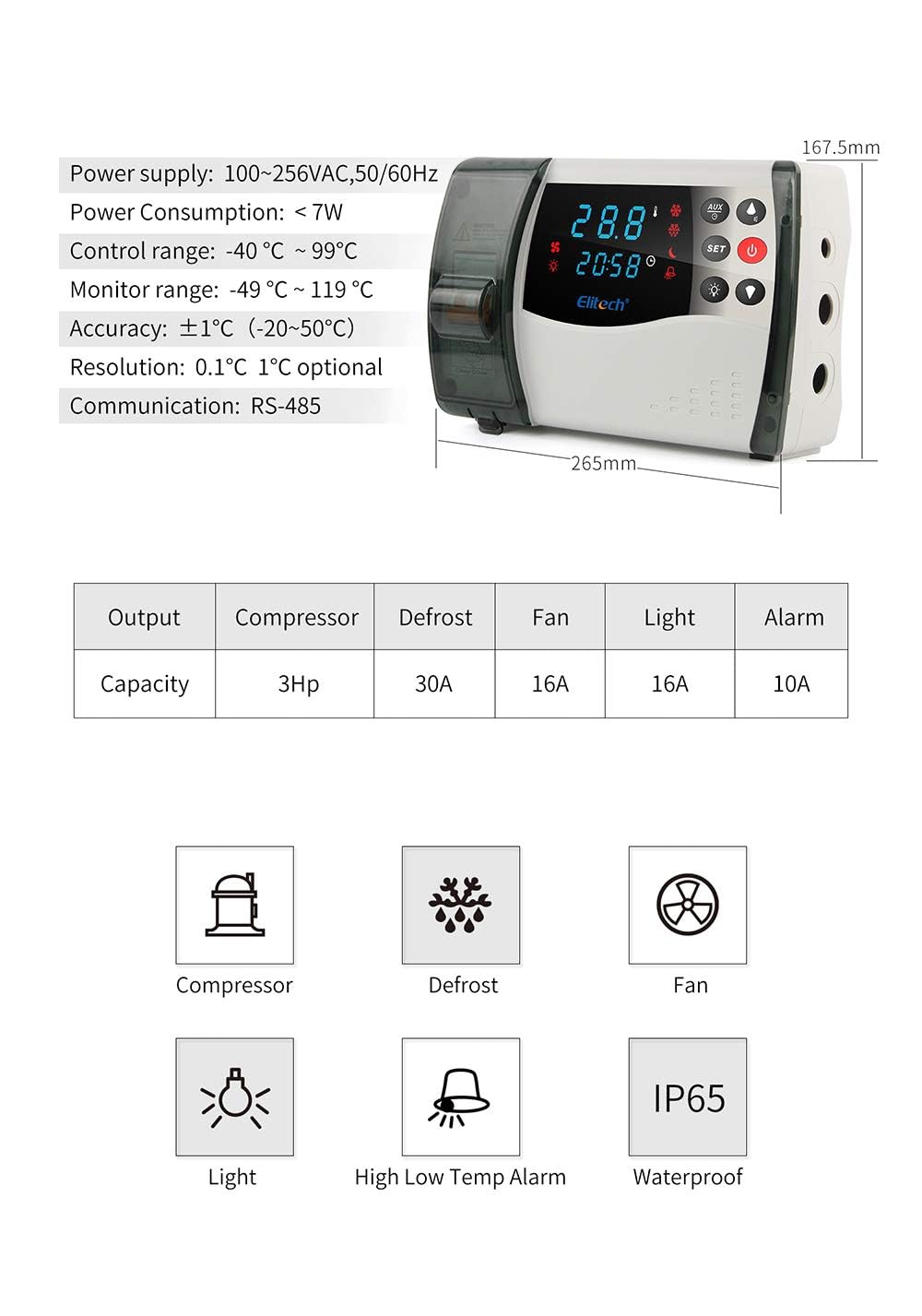 Elitech Pannello di controllo elettrico in plastica con refrigerazione 3HP, sbrinamento, ventola, uscita luce e allarme, 100-256VAC, rete WiFi+4G, con sensore di temperatura (ECB-1000Plus)