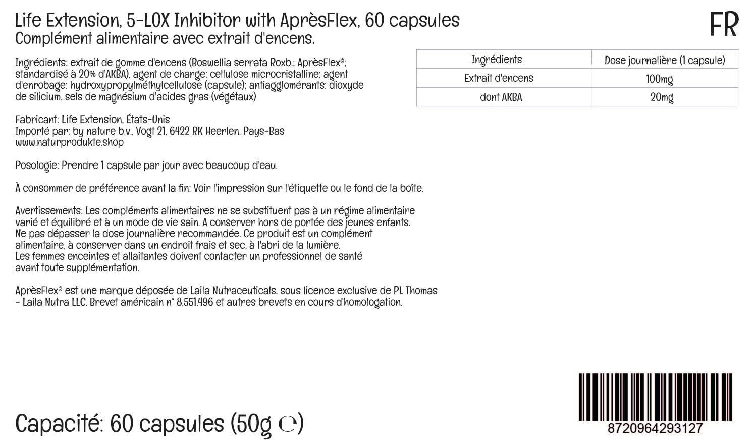 Life Extension, 5-LOX Inhibitor avec Après Flex, Extrait d'Encens, avec 20% d'AKBA, Haute Dosé, 60 Capsules végétaliennes, Sans Gluten, Végétarien, Sans Soja, Sans OGM