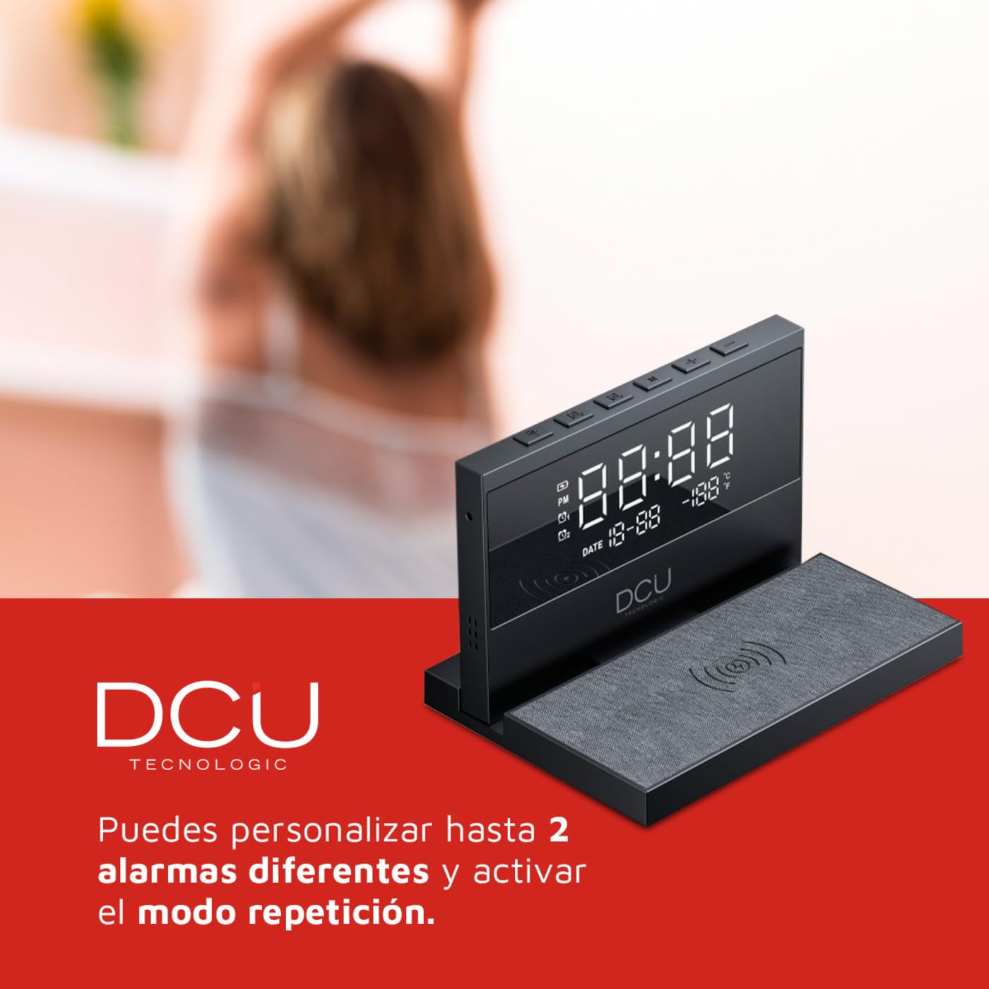 DCU TECNOLOGIC - Reloj Despertador de Sobremesa - Carga Rápida Inalámbrica - Luz Nocturna Ajustable - 2 Alarmas Personalizables