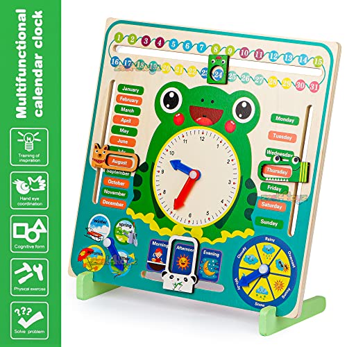 Image of Zest 4 Toyz Wooden Calendar Clock Toy for Kids Learning Calendar Board with Months Days Seasons Weather Shape Recognition Educational Toys for Kids Montessori Preschool Activity Toy for Kids 3+ Years