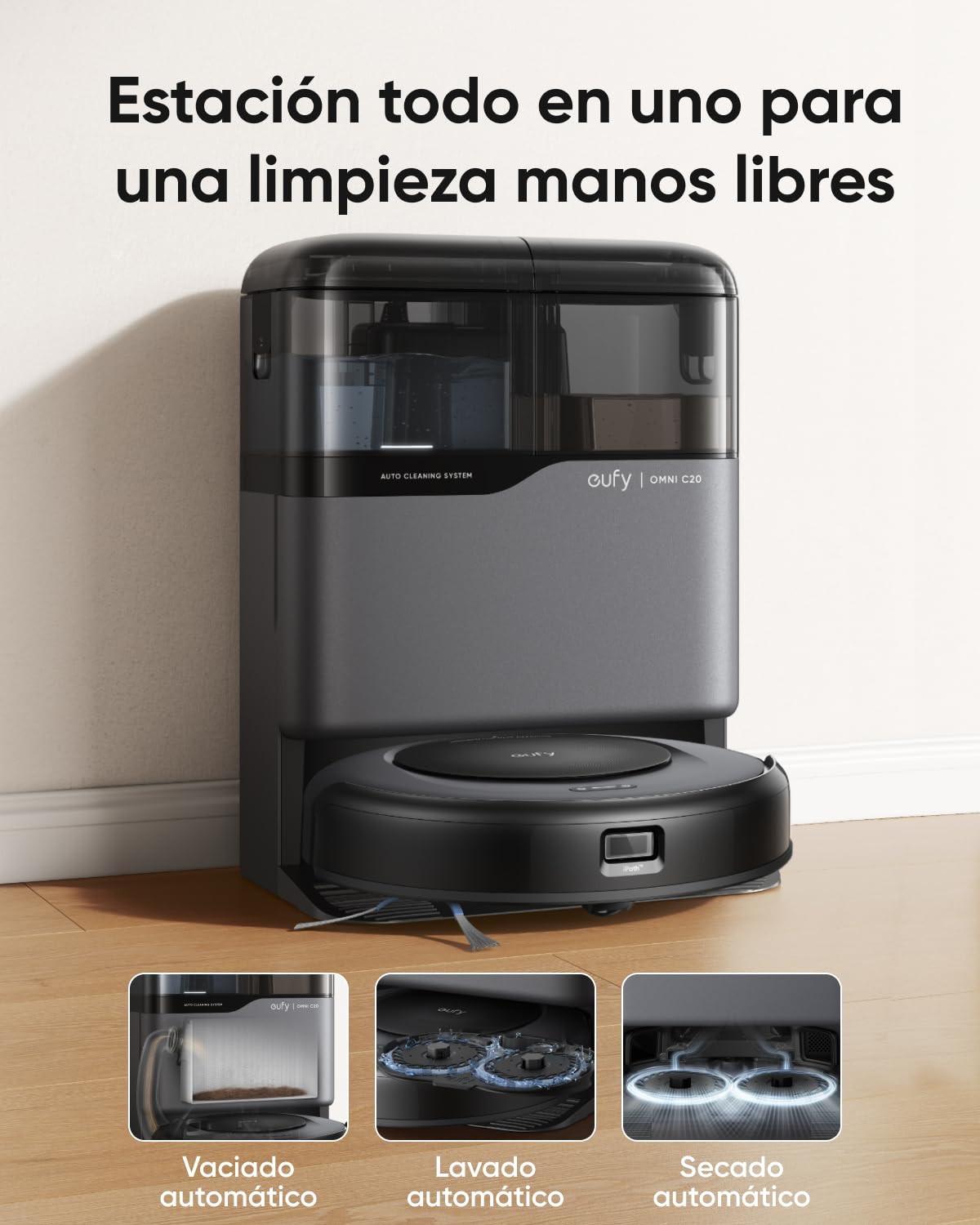 eufy C20 Omni Robot Aspirador y fregasuelos, Estación Todo en Uno | Vaciado automático, lavado y secado de mopa, limpieza manos libres, succión de 7.000 Pa