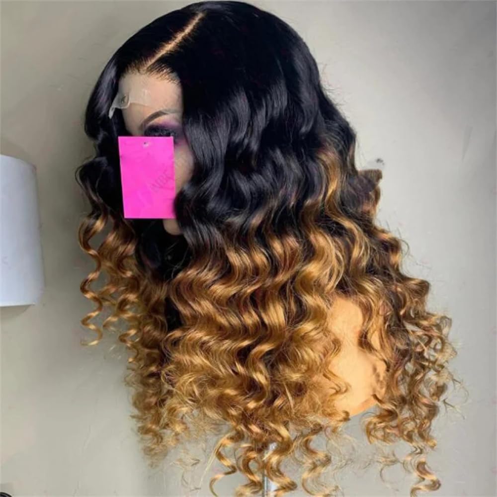 Loose Deep Wave 150% Density Bouncy Egg Curls Glueless Wig Ombre Blonde Brown Color Wigs with Bleached Knots 13x4 Invisible HD Lace Front Wigs Human Hair with Natural Baby Hair for Women 14 Inch