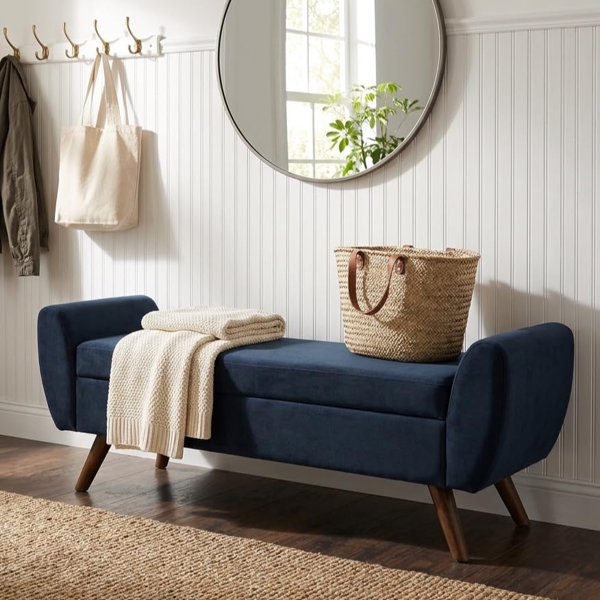 Image of HomePop 60 inch Modern Storage Bench with Wood Legs - Blue Velvet