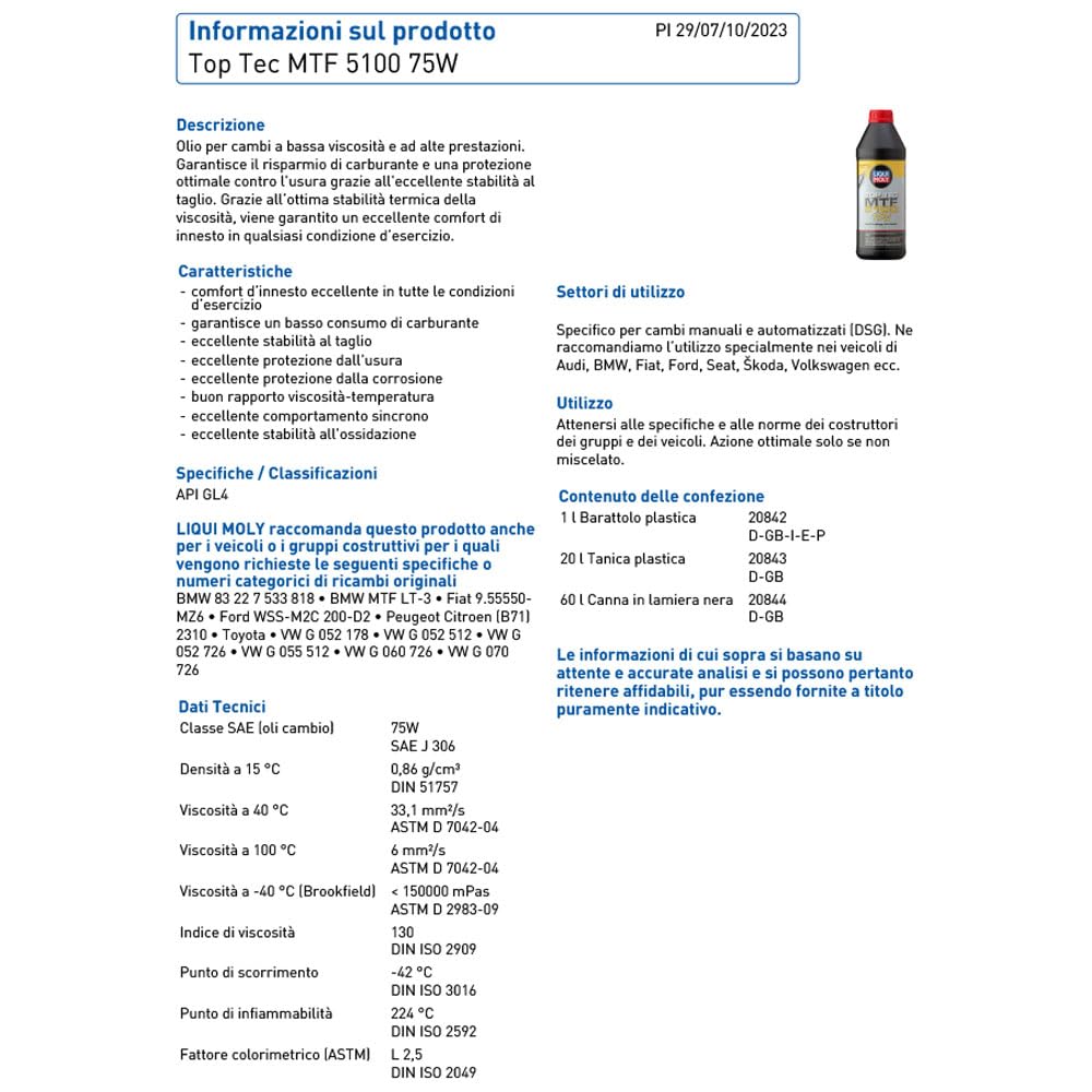 LIQUIMOLY 20842 KIT PROMO 3 LITRI OLIO SPECIFICO PER CAMBIO MANUALE O AUTOMATICO 75W AD ALTE PRESTAZIONI. TOP TEC MTF 5100 AD ALTE PRESTAZIONI.