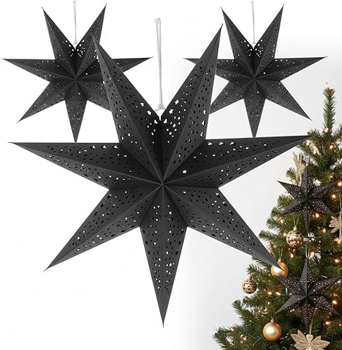 3 linternas de papel con estrellas de Navidad, 3D colgantes, estrellas de papel negro de 20 pulgadas, para Navidad, carnaval, boda, graduación,