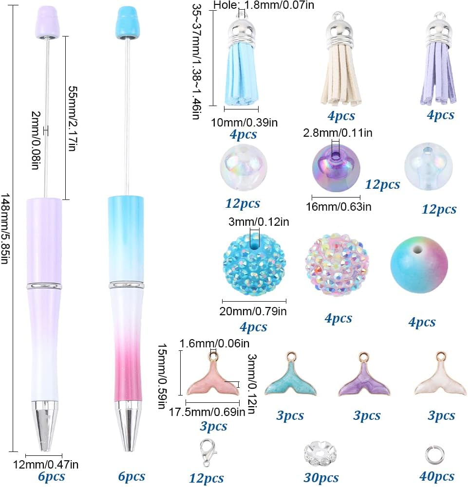 SUNNYCLUE DIY 12 Sets Ocean Beadable Pen Sets Beaded Pens Summer Hawaii Bead Pens Bulk Beading Pens Beadable Pens Fish Tail Charms Rhinestone Spacer Beads for Teachers Students Gifts Office School