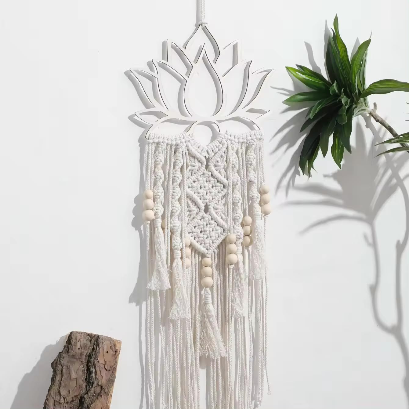 Lotus Macrame Wall Hanging, Boho Large Dream Catcher, Woven Wall Decor, 32.08 Inches Long, White Cotton
