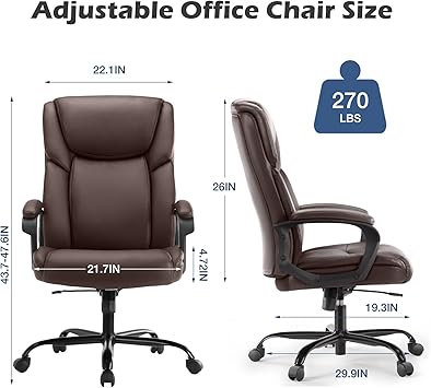 Executive Office Chair - Ergonomic Home Computer Desk Chair for Heavy People with Wheel, Lumbar Support, PU Leather, Adjustable Height & Swivel