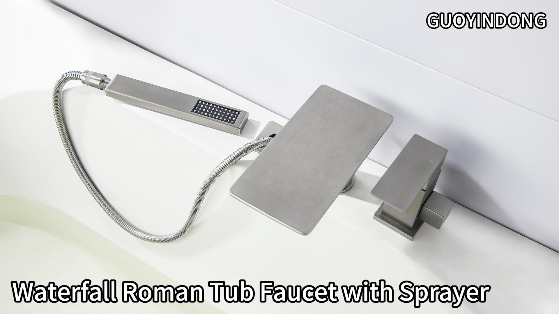 Grifo de bañera romano con rociador, montaje en cubierta con 3 orificios | Grifo de bañera romano de una manija con ducha manual, acabado níquel cepillado miniatura 7