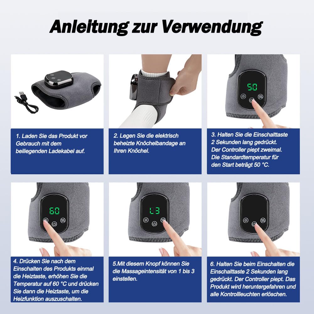 Fußmassagegerät mit Wärmetherapie - 2 Stück Elektrische Kabellose Massagegeräte - 3 Vibrationsmodi für Tiefenentspannung, 5 Heizstufen - Für Füße, Knöchel und Waden