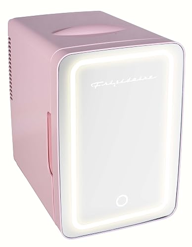 FRIGIDAIRE Mini Cooler, Portable Compact Personal LED Lighted Mirror Fridge, 6.5L Capacity Chills 9 Cans, 100% Freon-Free & Eco Friendly, for Makeup, Skincare, 12"D x 8"W x 12"H (Pink)