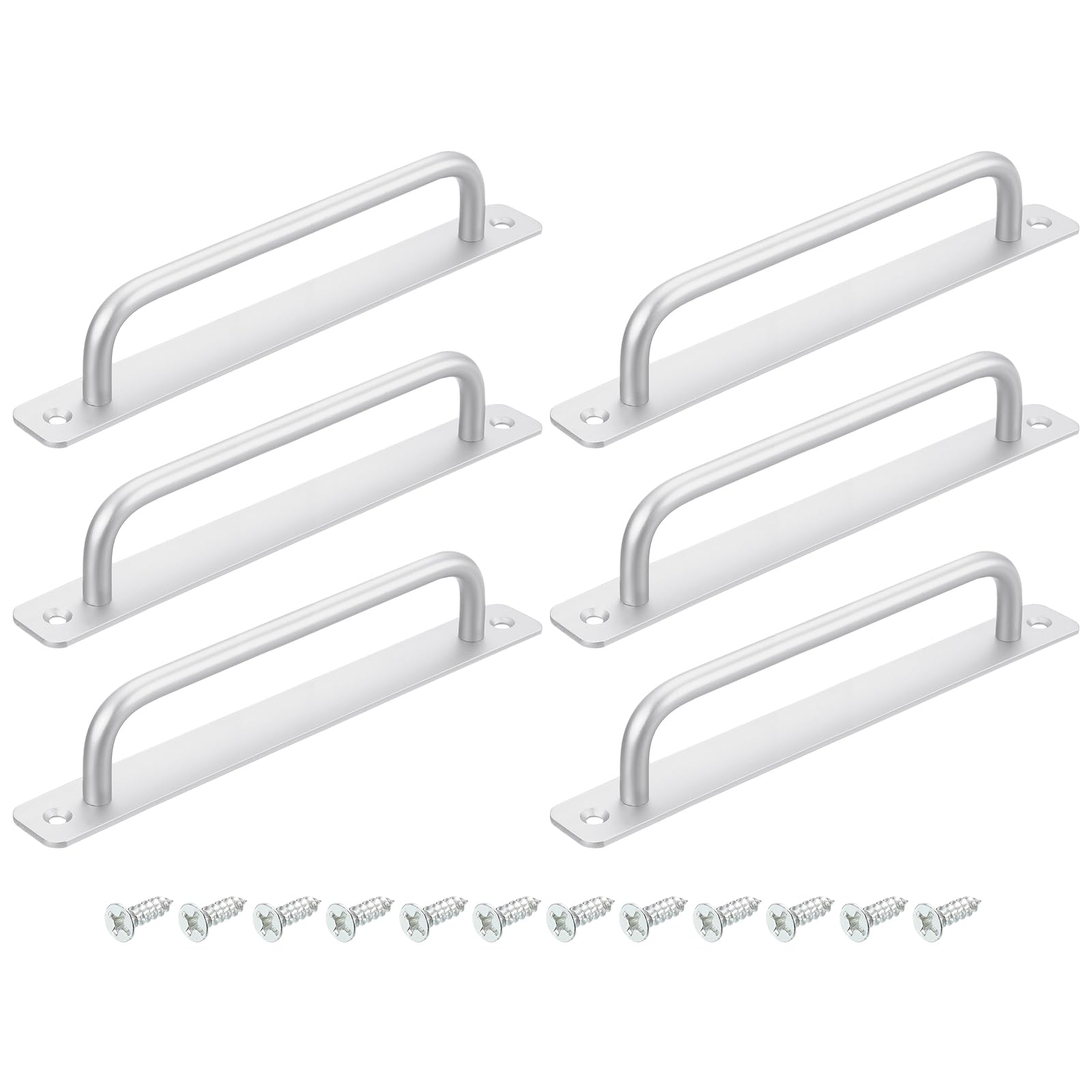 uxcell 6Pcs Barn Door Handles, 192mm / 8 Inch Hole Center Sliding Gate Door Pull Handle Aluminum Alloy Cabinet Handles with Base and Screws for Kitchen Bathroom Wardrobe Closet (Silver)