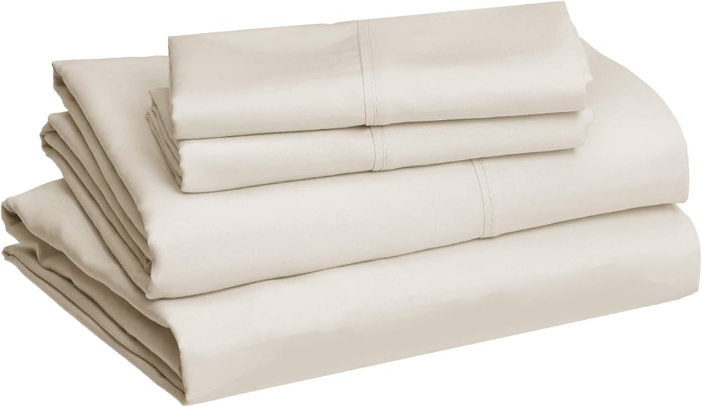 Amazon Basics Lightweight Super Soft Breathable Brushed Microfiber 4 Piece Bed Sheet Set with 14-Inch Deep Pockets, Wrinkle Resistant, Queen, Beige, Solid