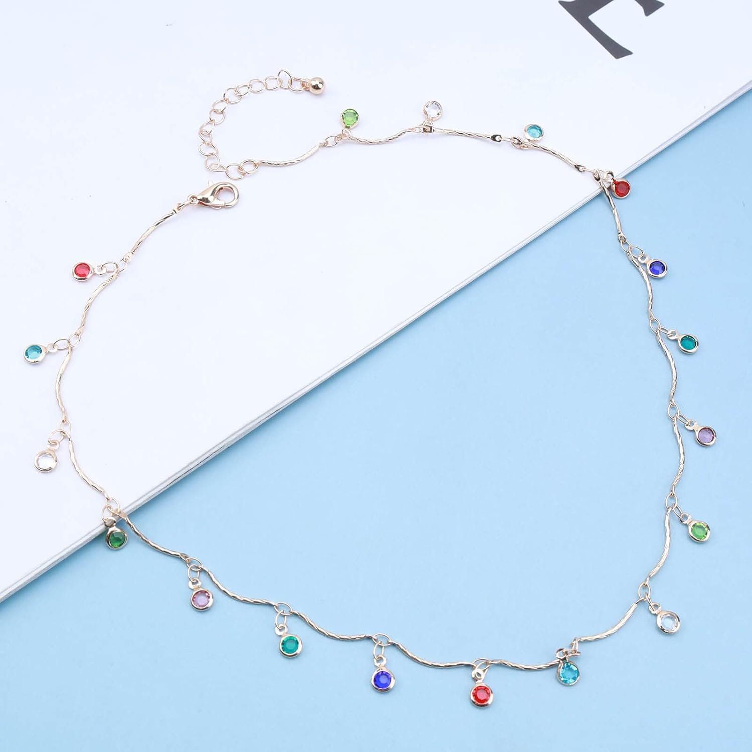 Boho Colorful Bead Choker Necklace Short Rainbow Bead Necklace Rainbow Dangle Choker Necklace Tiny Crystal Cz Stone Collar Necklace Jewelry for Women (Gold) - Image 3