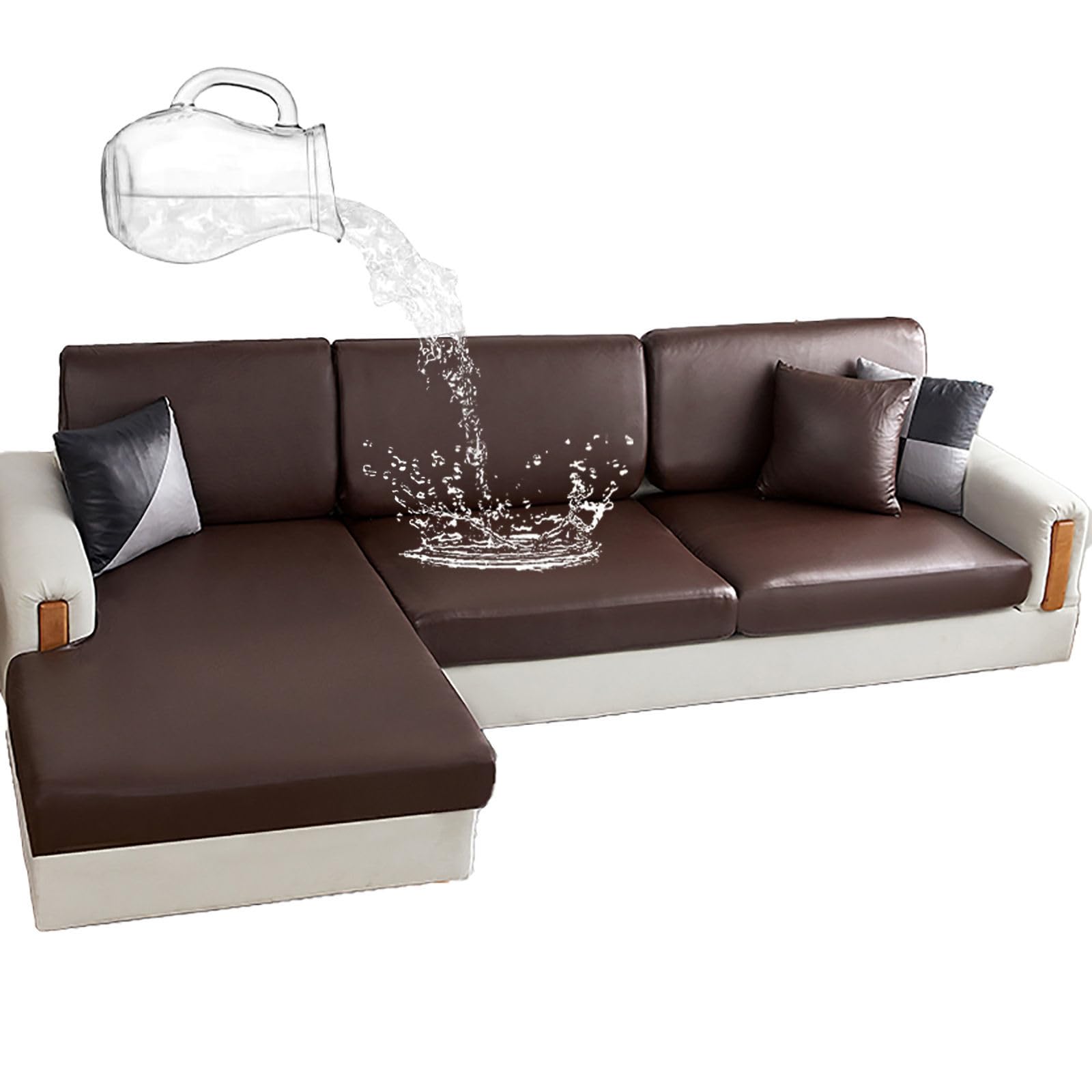 CLGTY Waterproof Couch Cushion Covers For Sofa, PU Leather L-Shaped Seat Cushion Cover Individual Separate Sectional Sofa Slipcovers Form Fitted For Cat Dog-Deep coffee-3 Seater
