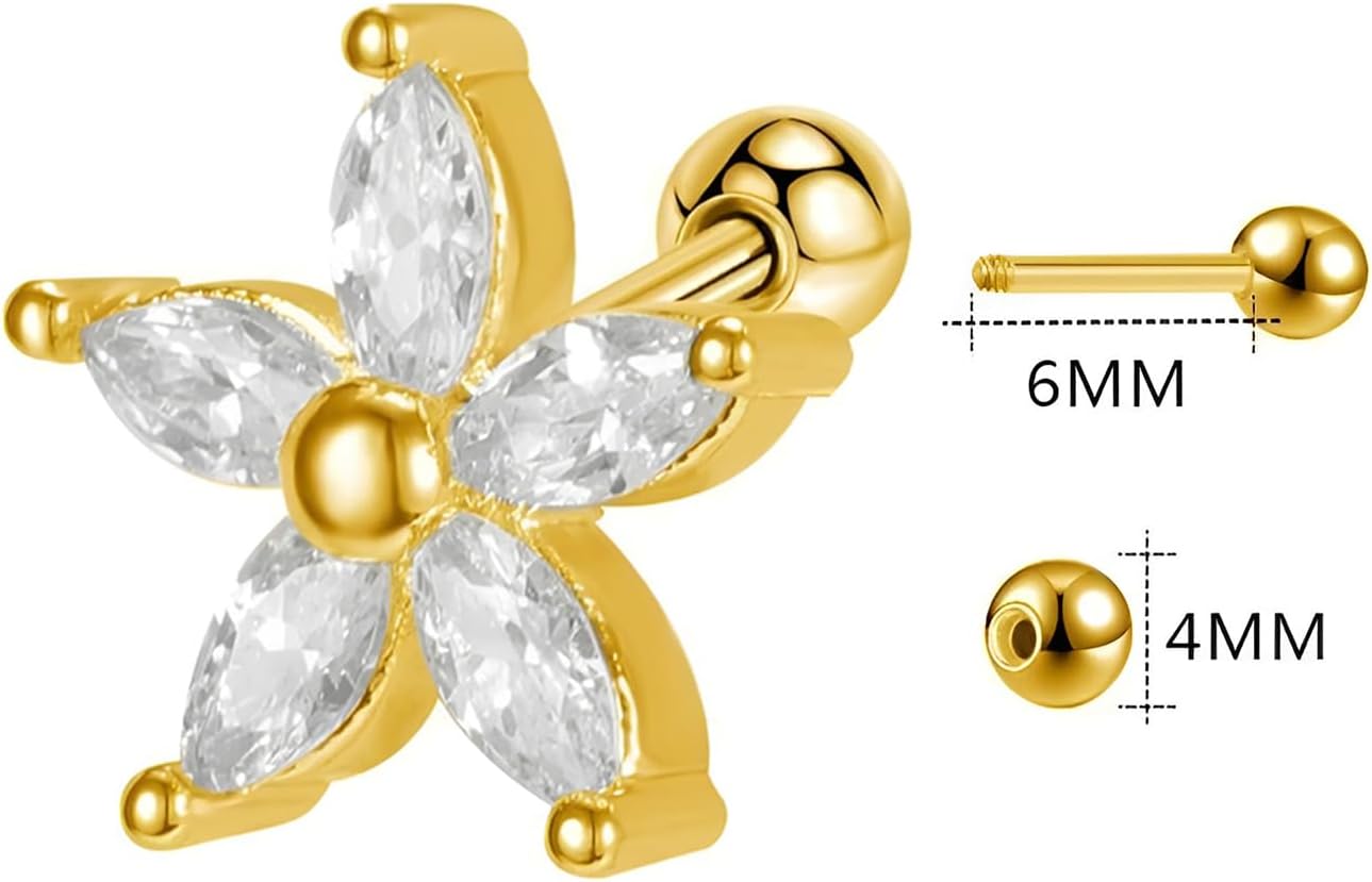 Stainless Steel Zircon Flower Stud Earring 1 Pair Screw Back Earrings Hypoallergenic Screwback Cartilage Jewellery for Sensitive Ears Women Ladies Tragus Helix Jewelry Aretes De Mujer - Image 2