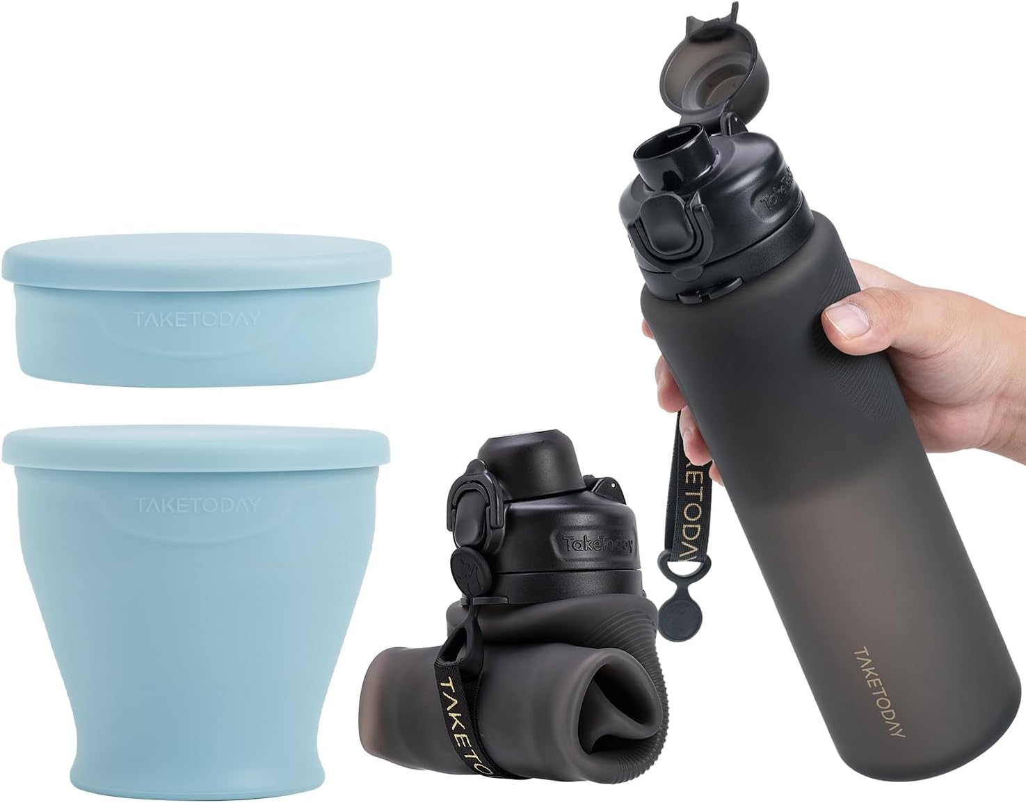 TakeToday Collapsible Travel Cup and Collapsible Water Bottles 32oz, Foldable Travel Water Bottle, BPA Free, Silicone Water Bottle Leakproof for Hiking, International Travel, Outdoors