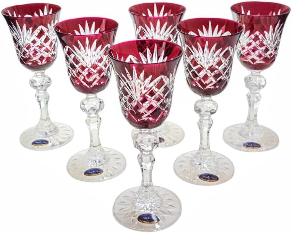 MaRika Crystal Liqueur Glasses 60ml - Set of 6 Ruby Red Hand Decorated Elegant Glass for Liquors and Spirits - Gift Idea