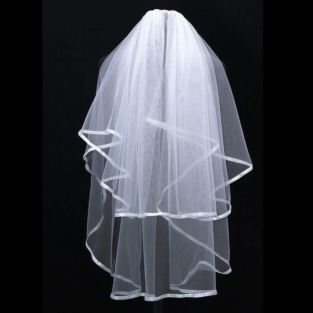 Unsutuo Wedding Veil Satin Trim 2 Tier Ivory Short Bridal Veil Fingertip Length with Ribbon Edge for Brides (White) - Image 4