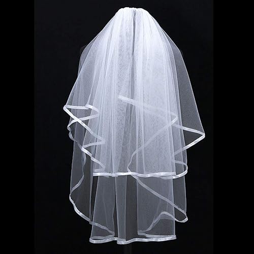 Vista 4 de Unsutuo Velo de novia de satén de 2 niveles marfil corto velo de novia longitud de los dedos con borde de cinta para novias, Blanco