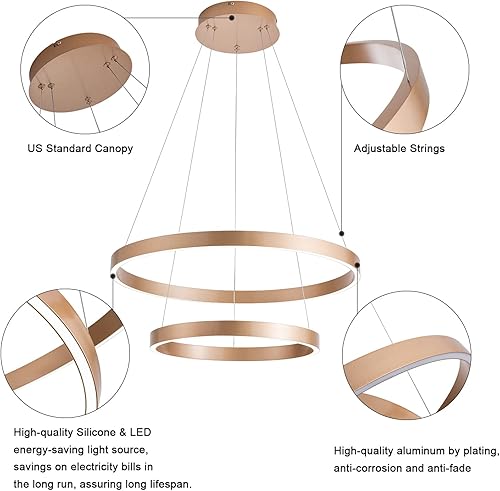 Miniatura 3 de MADEM Candelabro LED moderno de 2 anillos circulares regulables, lámpara colgante Chanderlier de montaje empotrado para sala de estar, comedor,