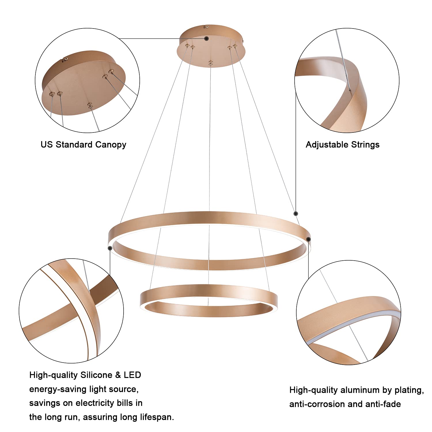 MADEM Modern LED Chandelier 2-Ring Circular Dimmable Pendant Light Contempoary Chanderlier Flush Mount Pendant Lighting for Living Room Dining Room, Bedroom,6000K Cool White,Gold