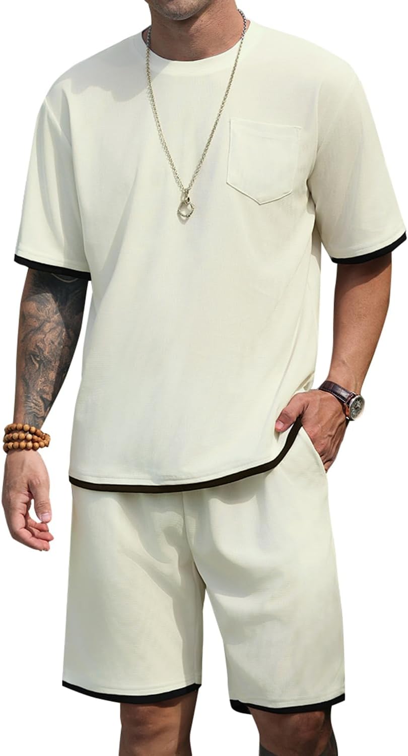 SPKPKEY Men's Fashion 2 Piece Waffle Shirt and Shorts Sets Summer Beach Outfits Casual Tracksuits Set with Pockets