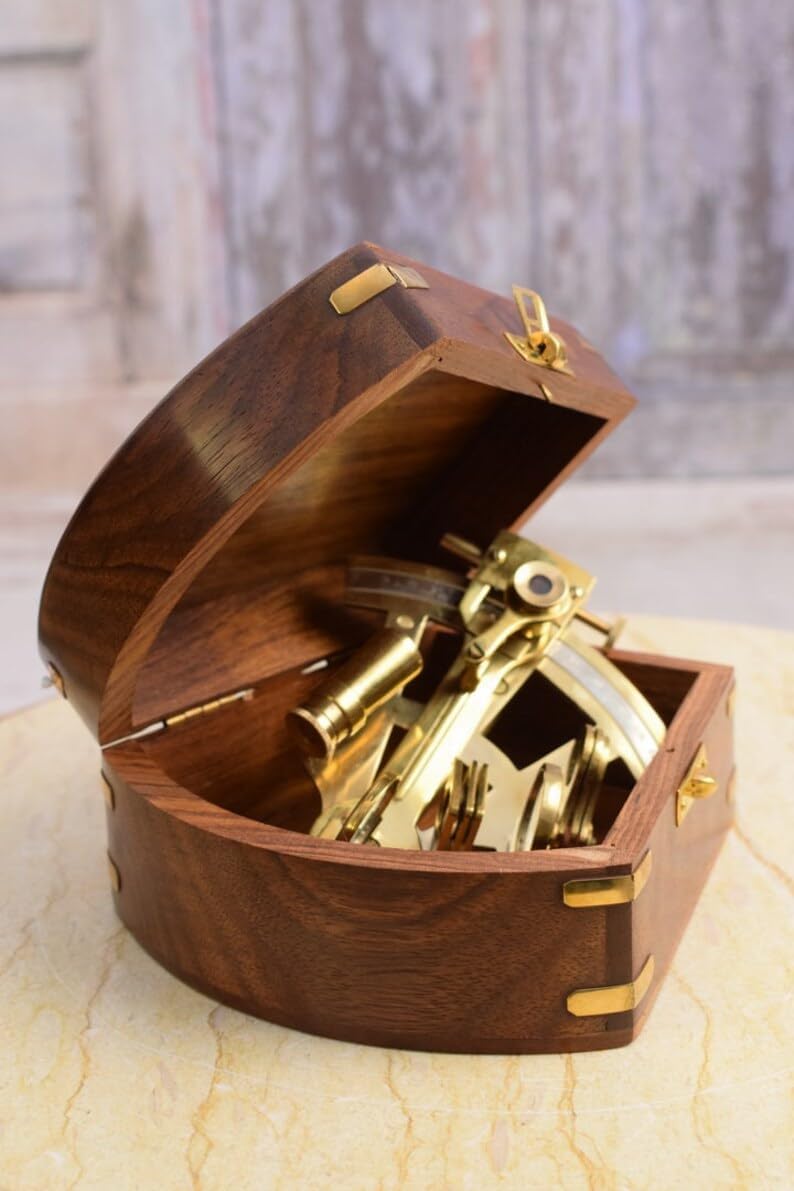 Marine Sextant in Gift Box - Sailing Set in Wooden Box - Vintage Style Brass Sextant - Elegant Present for Sailor and Marine Enthusiast